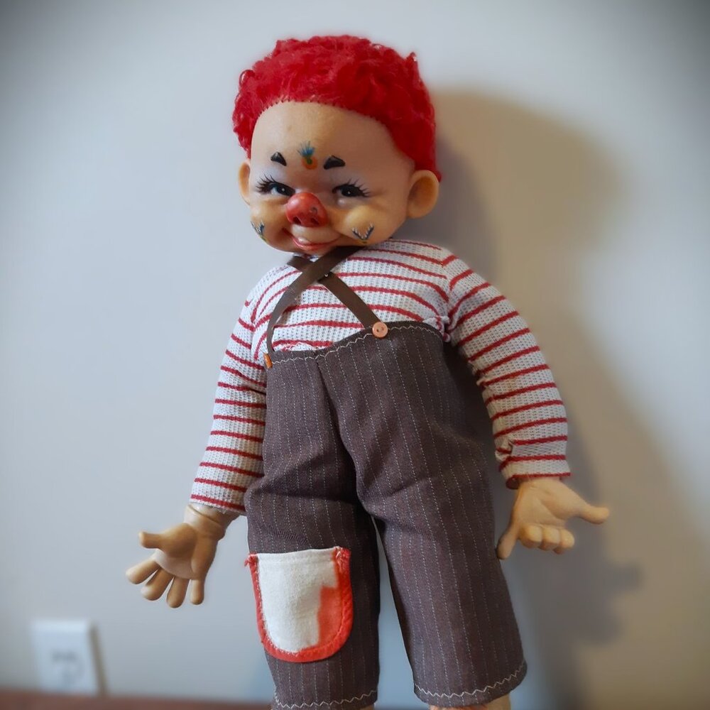 Vintage 1970s Clown Boy Doll 17'' Creepy but Charming! Rubber face Rushton Style